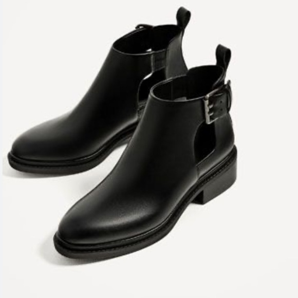 ZARA Black Leather Open Cut Out Ankle Boots - Picture 1 of 7